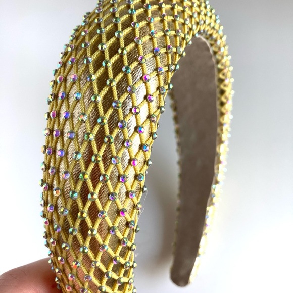 Gold Padded 1.5” Headband with Rhinestone-Adorned Mesh Overlay Handmade - Picture 4 of 10